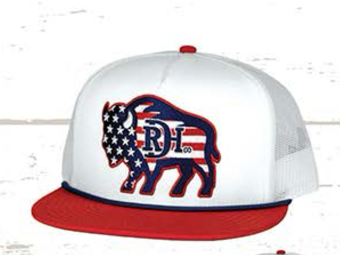 RED DIRT HAT CO TWO FIVE O-WHITE/WHITE RED FLAT BILL NAVY ROPE 5 PANEL SNAPBACK HAT