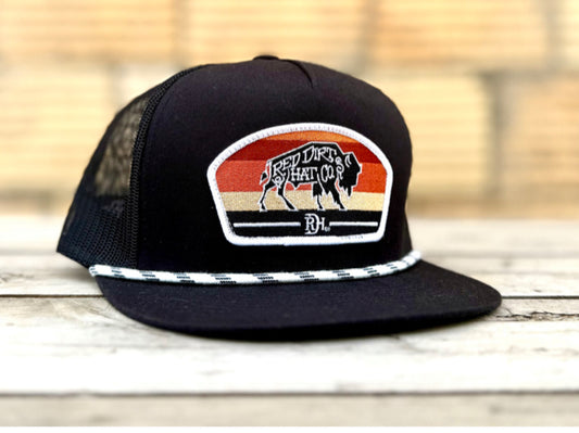RED DIRT HAT CO BUDDY-BLACK/BLACK/WHITE ROPE HAT
