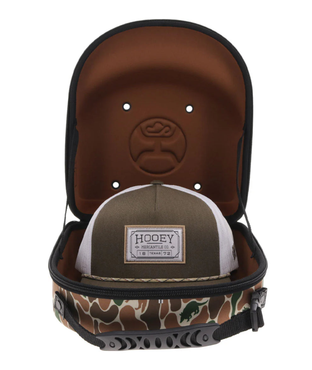 HOOEY CAP CARRIER, BROWN/GREEN CAMO OUTSIDE WITH BROWN LINING AND HOOEY LOGO WITH HANDLE TO CARRY-LARGE