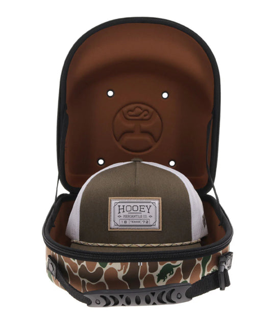 HOOEY CAP CARRIER, BROWN/GREEN CAMO OUTSIDE WITH BROWN LINING AND HOOEY LOGO WITH HANDLE TO CARRY-LARGE