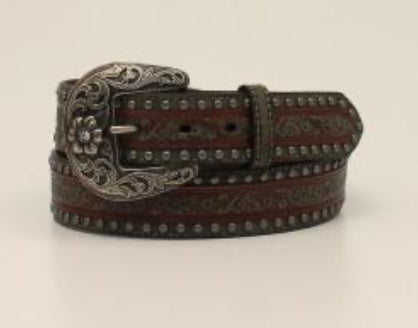 NOCONA LADIES BELT 1 1/2 EMBOSSED OVERLAY STUDS BROWN