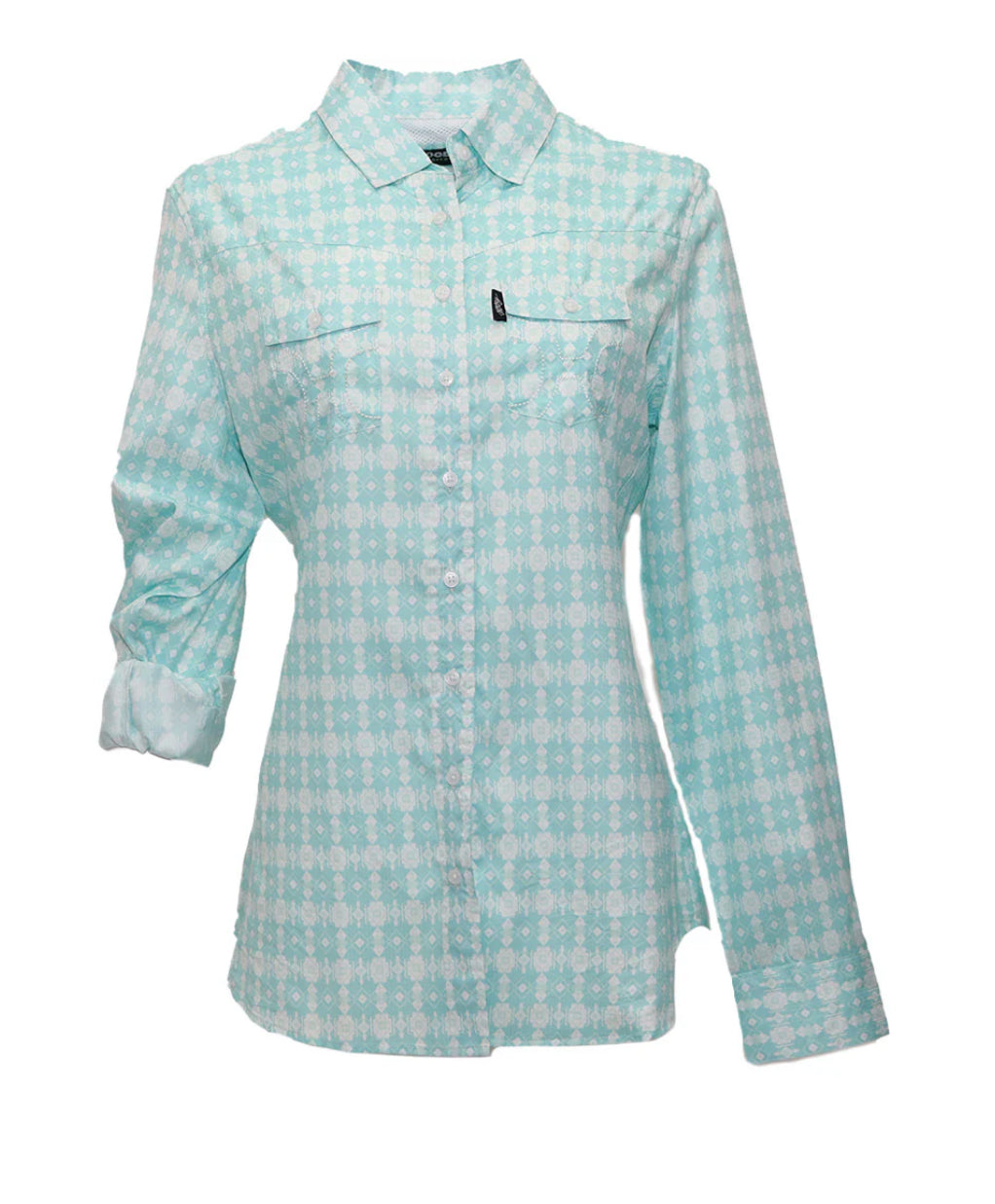 HOOEY WOMENS SOL AQUA SKY/WHITE AZTEC PATTERN ALL OVER LONG SLEEVE PEARL SNAP WITH LENS CLEANER