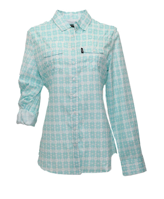 HOOEY WOMENS SOL AQUA SKY/WHITE AZTEC PATTERN ALL OVER LONG SLEEVE PEARL SNAP WITH LENS CLEANER