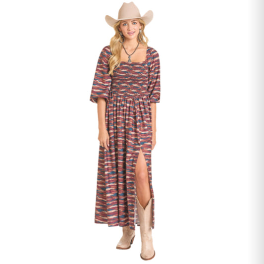 ROCK AND ROLL DENIM SMOCKED MIDI DRESS WITH SLIT