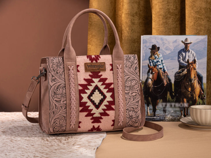 WRANGLER TOOLED AZTEC PATTERN PRINT CONCEALED CARRY TOTE/CROSSBODY