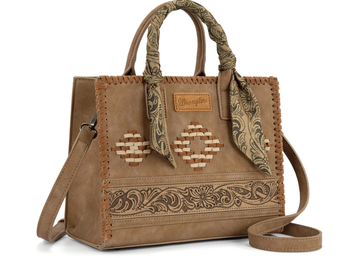 WRANGLER WHIPSTITCH AZTEC SATCHEL CROSSBODY WITH SCARF HANDLE