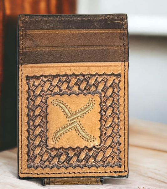 TWISTED X CARD HOLDER WITH BASKET WEAVE LEATHER AND LOGO