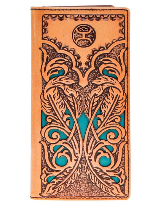 HOOEY “PHOENIX” HAND TOOLED FEATHER FILIGREE LEATHER RODEO WALLET WITH TURQUOISE LEATHER INLAY AND 2.0 HEAT BRANDED LOGO