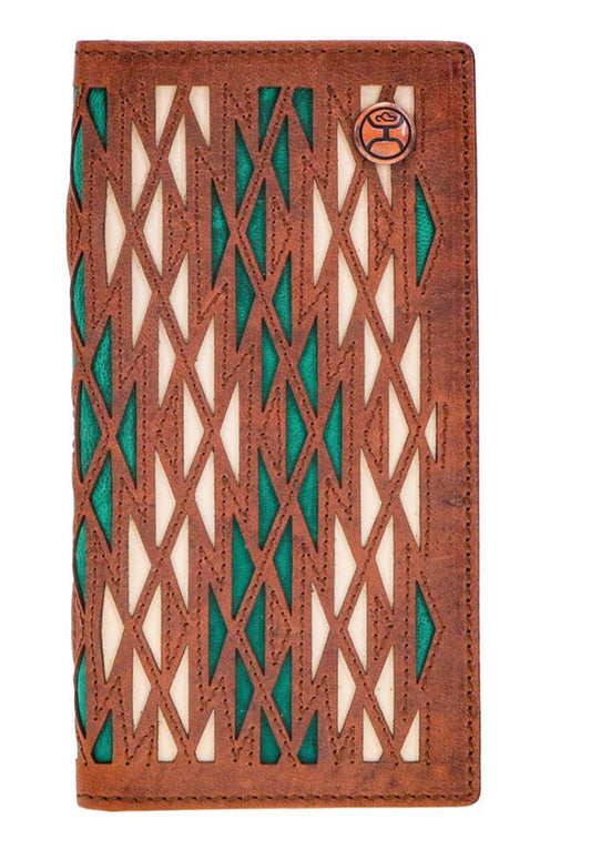 HOOEY CHAPAWEE LASER CUT AZTEC PRINT LEATHER RODEO WALLET WITH TURQUOISE AND IVORY INLAY WITH HOOEY LOGO RIVET