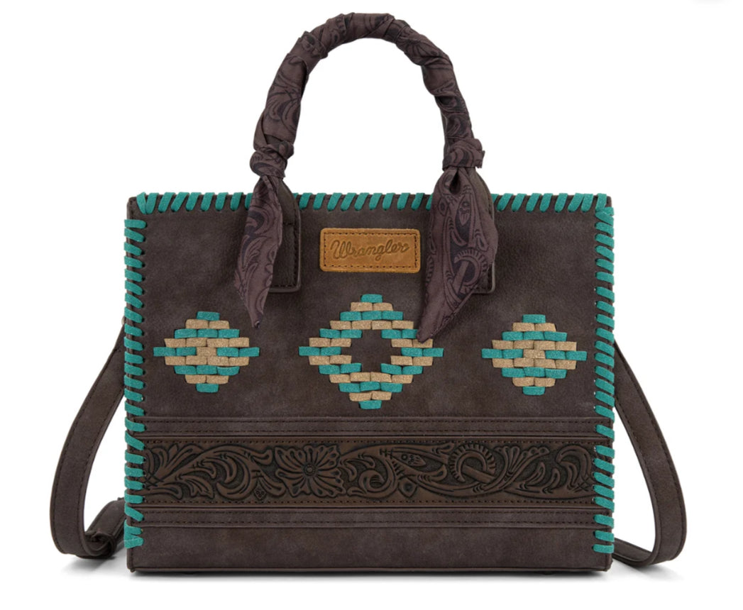 WRANGLER WHIPSTITCH AZTEC SATCHEL CROSSBODY WITH SCARF HANDLE