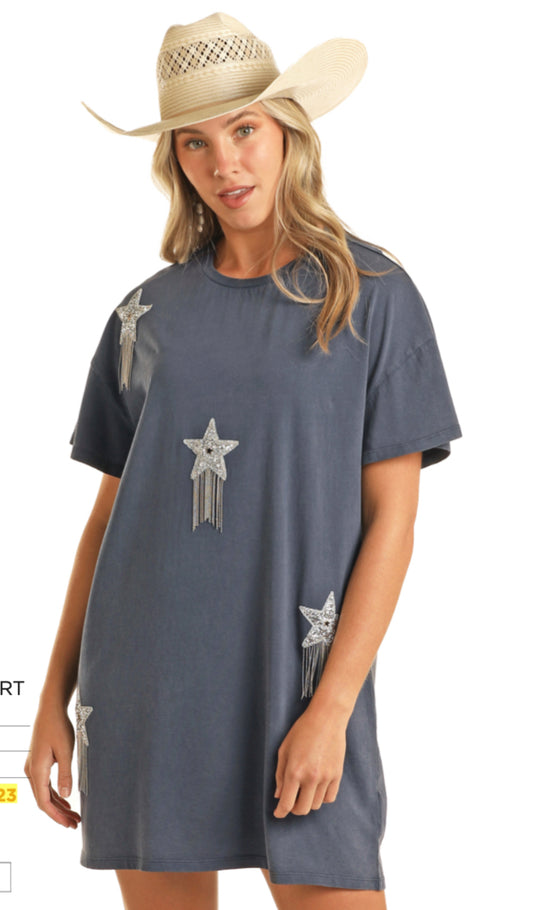 ROCK & ROLL DENIM RHINESTONE STAR TSHIRT DRESS