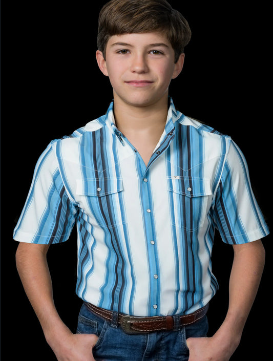 FERRELL BRAND KIDS HARRISON IN BLUE SHORT SLEEVE PEARL SNAP SHIRT
