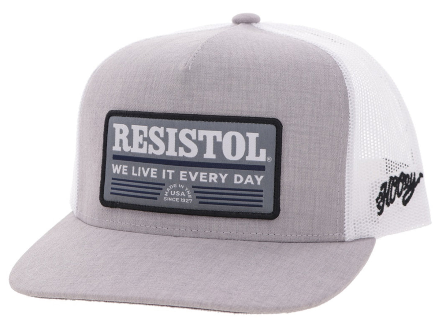 HOOEY RESISTOL GREY/WHITE 5 PANEL TRUCKER WITH BLACK/BLUE/WHITE RECTANGLE PATCH