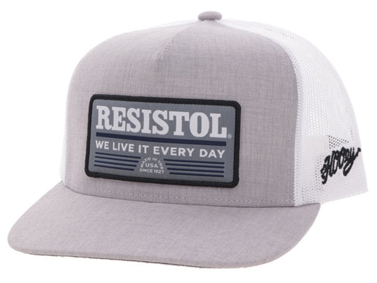 HOOEY RESISTOL GREY/WHITE 5 PANEL TRUCKER WITH BLACK/BLUE/WHITE RECTANGLE PATCH