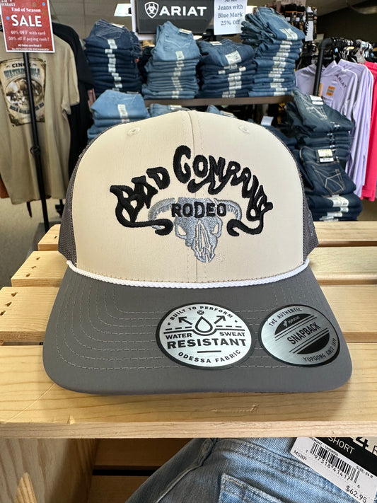 HOOEY BAD COMPANY CREAM/GREY 6 PANEL TRUCKER WITH CHARCOAL BILL AND BLACK CHARCOAL EMBROIDERY LOGO
