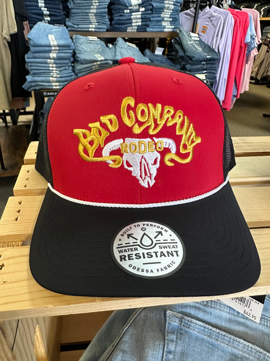 HOOEY BAD COMPANY RED/BLACK 6 PANEL TRUCKER WITH BLACK BILL AND YELLOW/WHITE EMBROIDERY LOGO