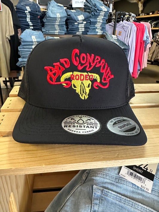 HOOEY BAD COMPANY BLACK 5 PANEL TRUCKER WITH RED/YELLOW EMBROIDERY LOGO