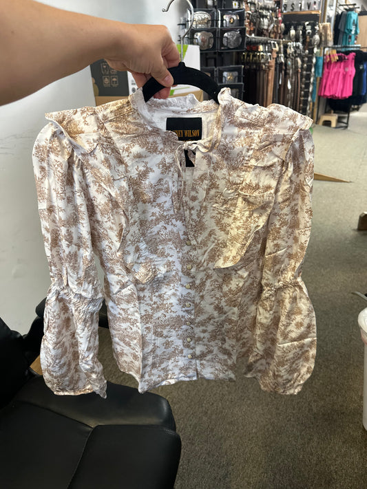 WRANGLER X LAINEY WILSON WOMENS WESTERN PRINT BLOUSE WITH BUBBLE SLEEVE