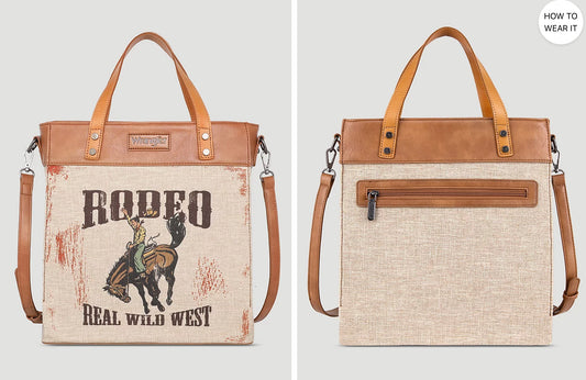 WRANGLER ART PRINT CANVAS TOTE RODEO REAL WILD WEST