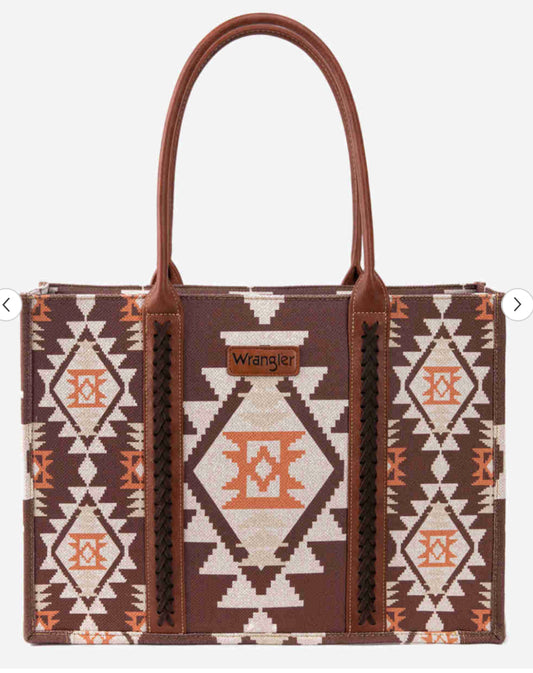 WRANGLER SOUTHWESTERN PATTERN DUAL SIDED PRINT CANVAS WIDE TOTE COFFEE