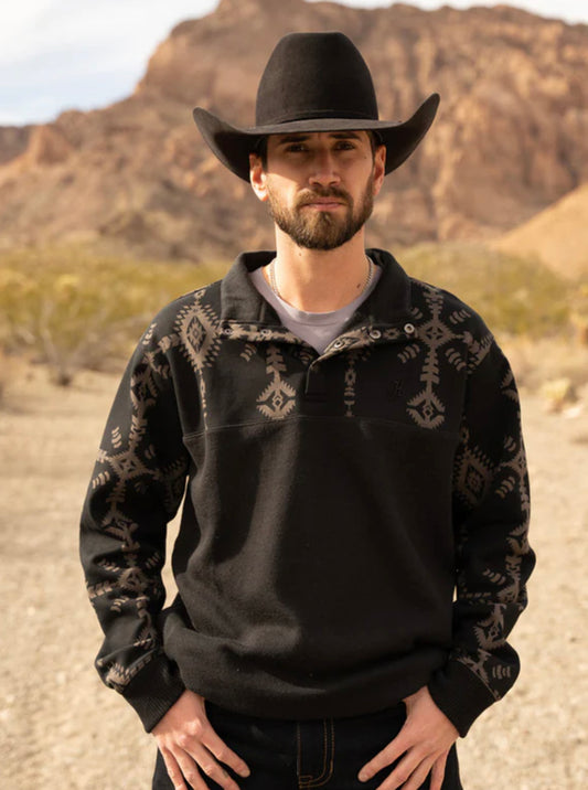 HOOEY MENS “STEVIE” BLACK PULLOVER WITH BLACK/GREY AZTEC PATTERN ON CHEST AND SLEEVES