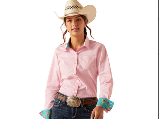 ARIAT WOMENS WRINKLE RESIST KIRBY LONG SLEEVE SHIRT IN CAMELLIA RS STRIPE