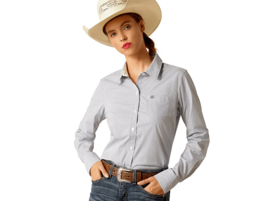 ARIAT WOMENS WRINKLE RESIST KIRBY LONG SLEEVE SHIRT IN TRUE BLUE