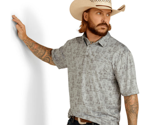 ARIAT MENS CHARGER 2.0 PRINTED SHORT SLEEVE POLO IN BLU GLOW