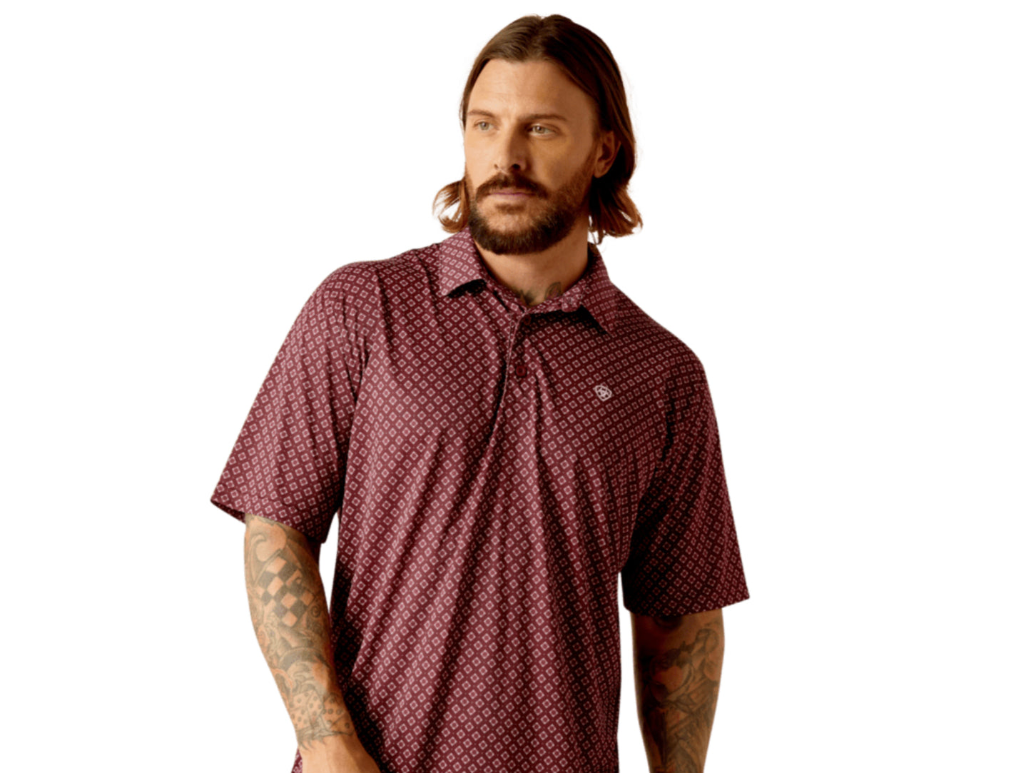 ARIAT MENS ALL OVER PRINT SHORT SLEEVE POLO IN DARK REDWOOD