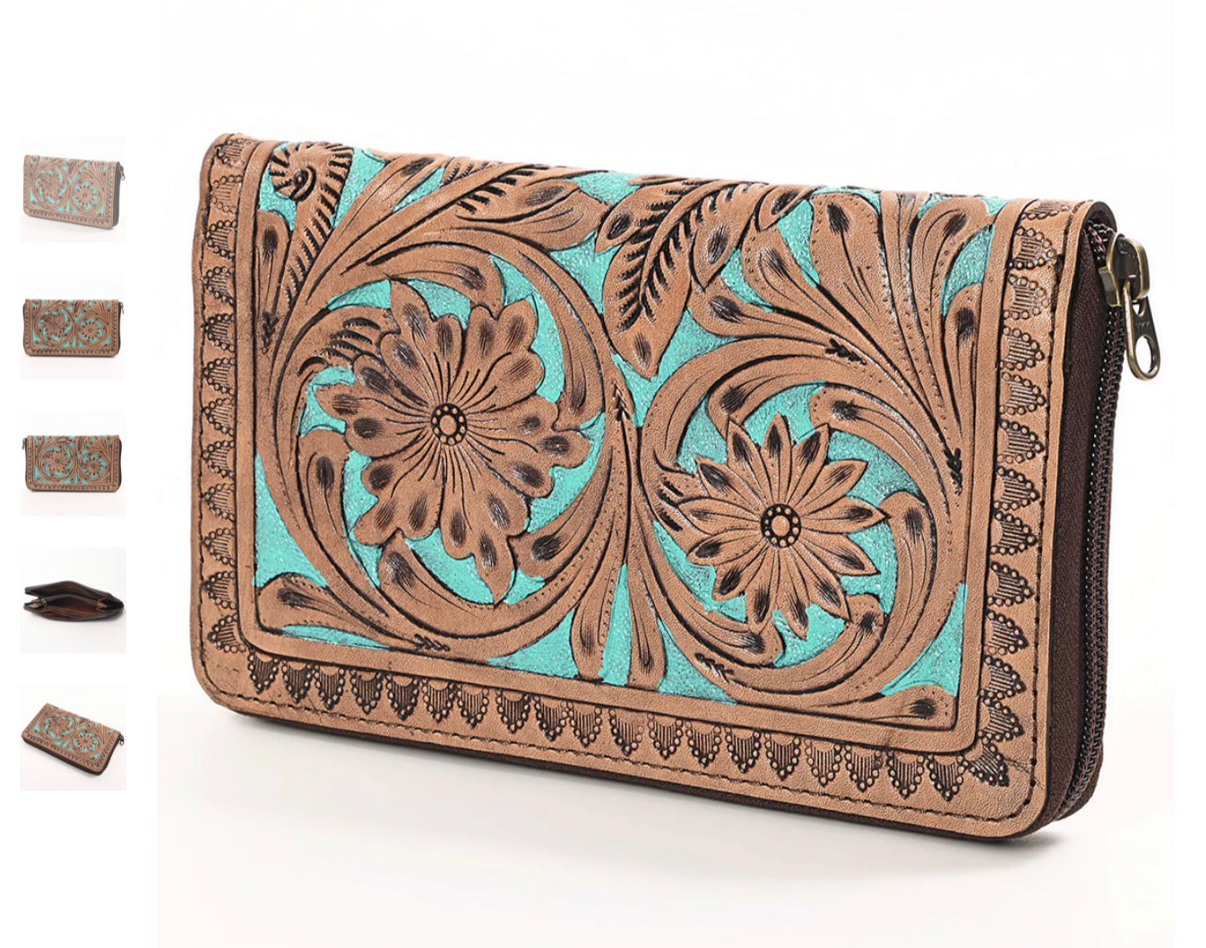 AMERICAN DARLING ZIP UP WALLET HAND TOOLED WITH TURQUIOSE INLAY
