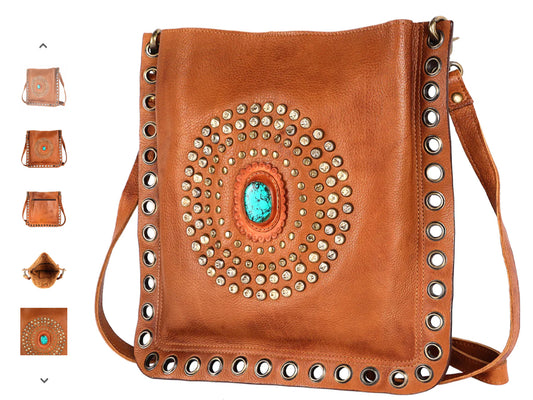 AMERICAN DARLING HOBO TAN BAG WITH TURQUOISE OVAL AND METAL GROMMETS