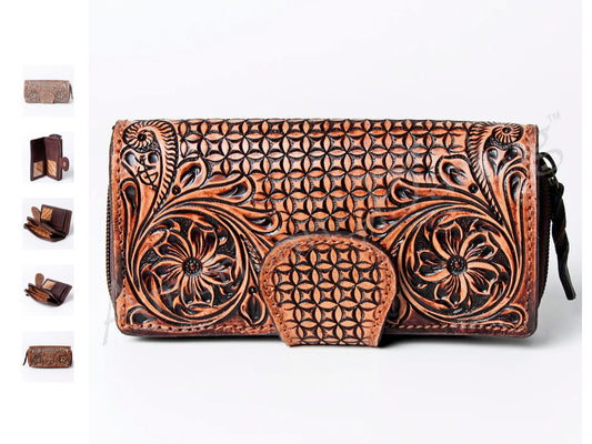 AMERICAN DARLING MULTI COMPARTMENT ZIP CLOSURE HAND TOOLED WALLET