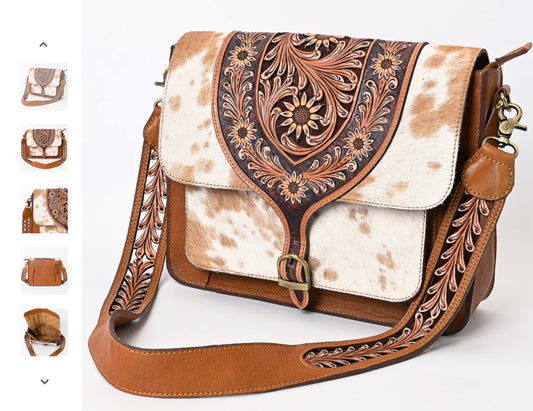 AMERICAN DARLING TOP FLAP AND BUCKLE HAIR ON HAND TOOLED LEATHER PURSE