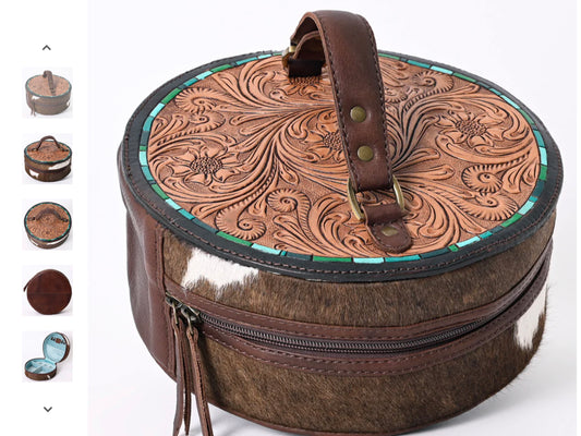 AMERICAN DARLING ROUND HAIR ON AND TOOLED LEATHER JEWELRY CADDY