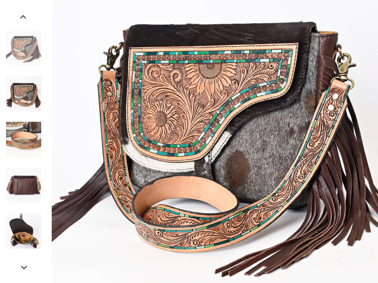 AMERICAN DARLING HAIR ON AND TOOLED LEATHER PURSE WITH GREEN ACCENTS AND LONG SHOULDER STRAP