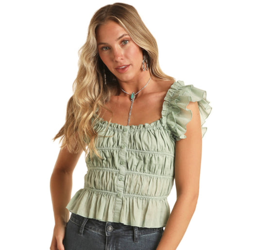 ROCK & ROLL DENIM RUCHED CROP TOP IN JADE