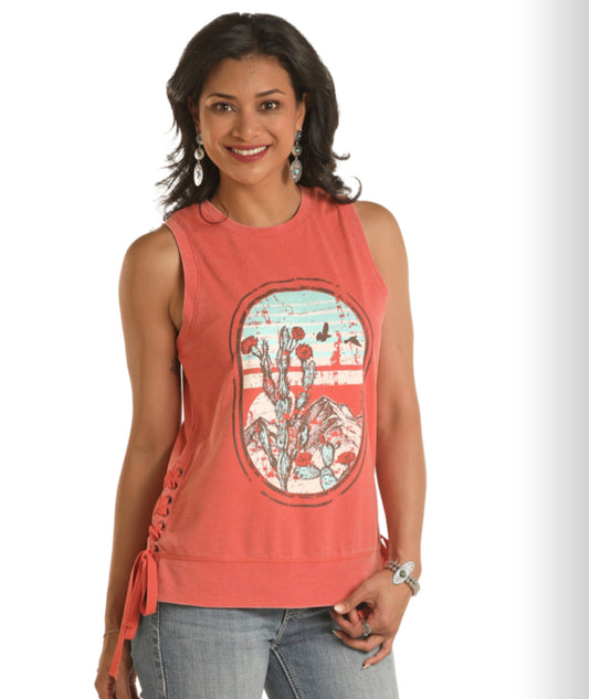 ROCK & ROLL DENIM GRAPHIC LACE UP SIDE SEAM TANK