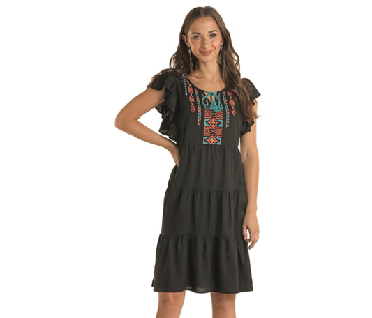 ROCK & ROLL DENIM WOMENS TIERED RUFFLE DRESS WITH EMBROIDERY