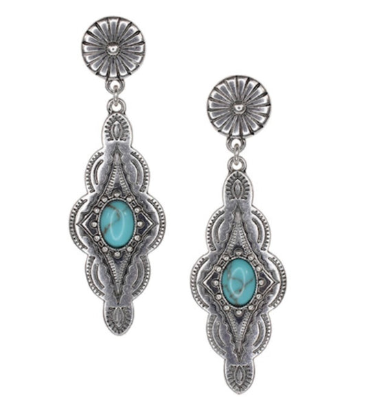 JUSTIN DROP DANGLE DIAMOND CONCHO WITH TURQUOISE COLORED STONE EARRINGS