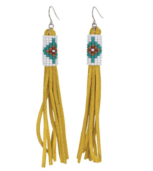 JUSTIN BEADED GOLDEN LEATHER FRINGE EARRINGS