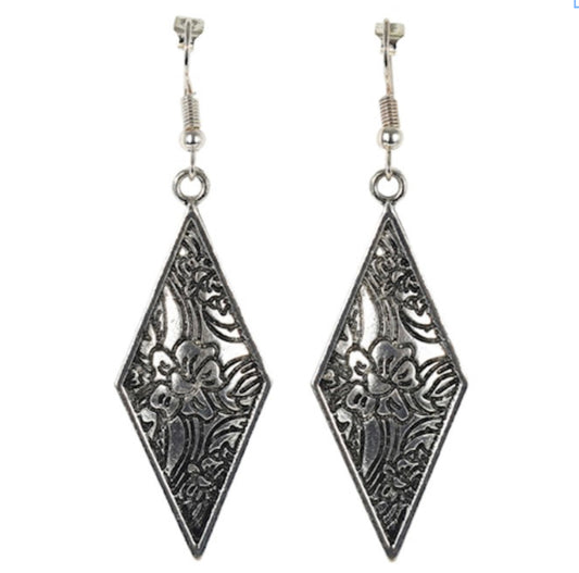 JUSTIN SILVER DIAMOND SHAPED CHARMS WITH FILIGREE DESIGN EARRINGS