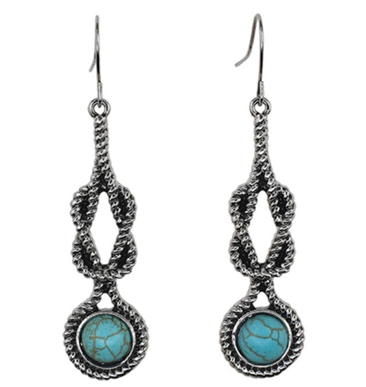 JUSTIN DROP DANGLE SQUARE KNOT W/ FAUX TURQUOISE STONE EARRINGS