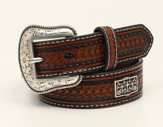 NOCONA KIDS SILVER CONCHO BELT WITH THREE CROSSES AND BASKET WEAVE LEATHER