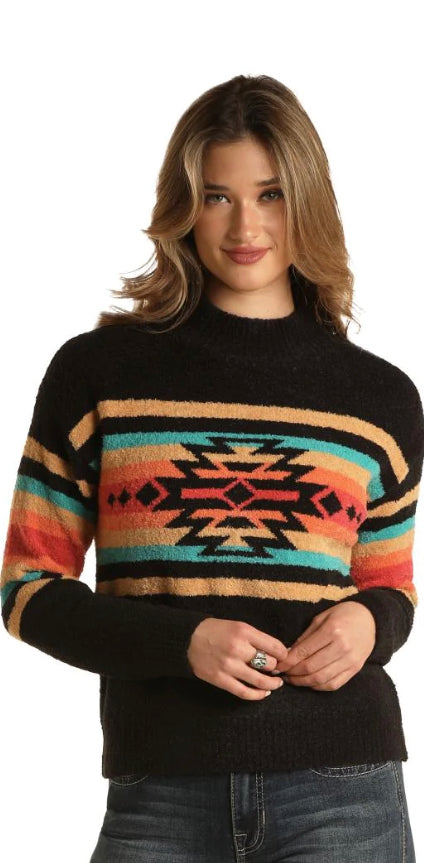 ROCK&ROLL DENIM MOCK NECK AZTEC SWEATER