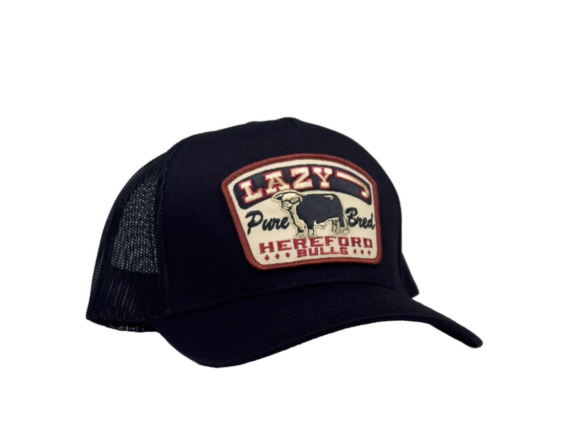 LAZY J RANCHWEAR BLACK PURE BRED HIGH PROFILE CURVED BILL TRUCKER HAT