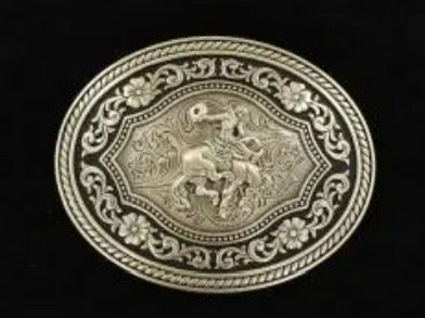 OVAL ROPE EDGE SCROLL BUCKLE WITH VNTAGE SADDLE BRONC MOTIF