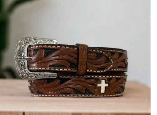 WESTERN FASHION KIDS LEATHER BELT TOOLED WITH WHITE HAIR CROSS INLAY