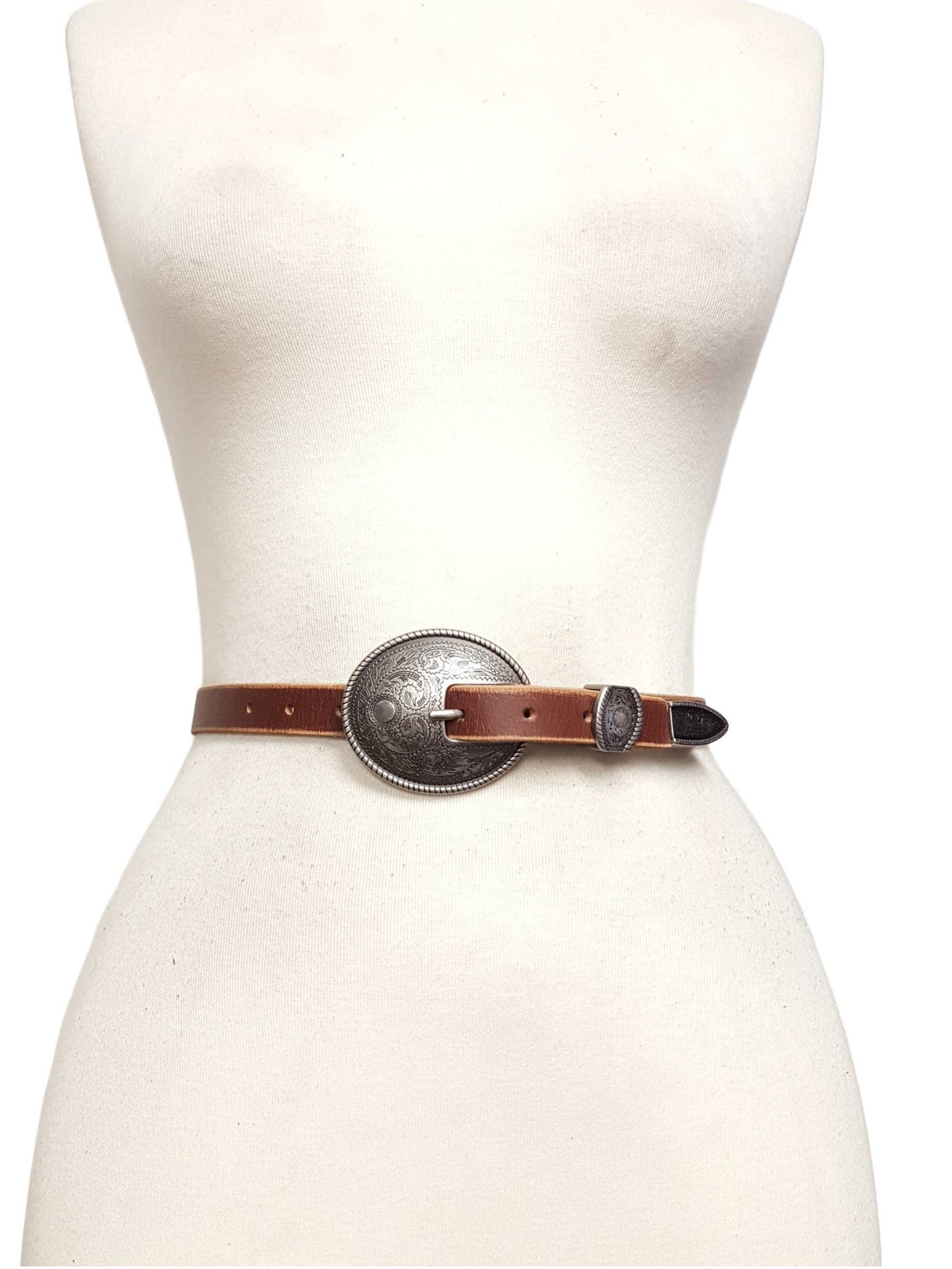 Axesoria West - Vintage Skinny Leather Belt w.  antique silver floral buckle: Brown / S/M