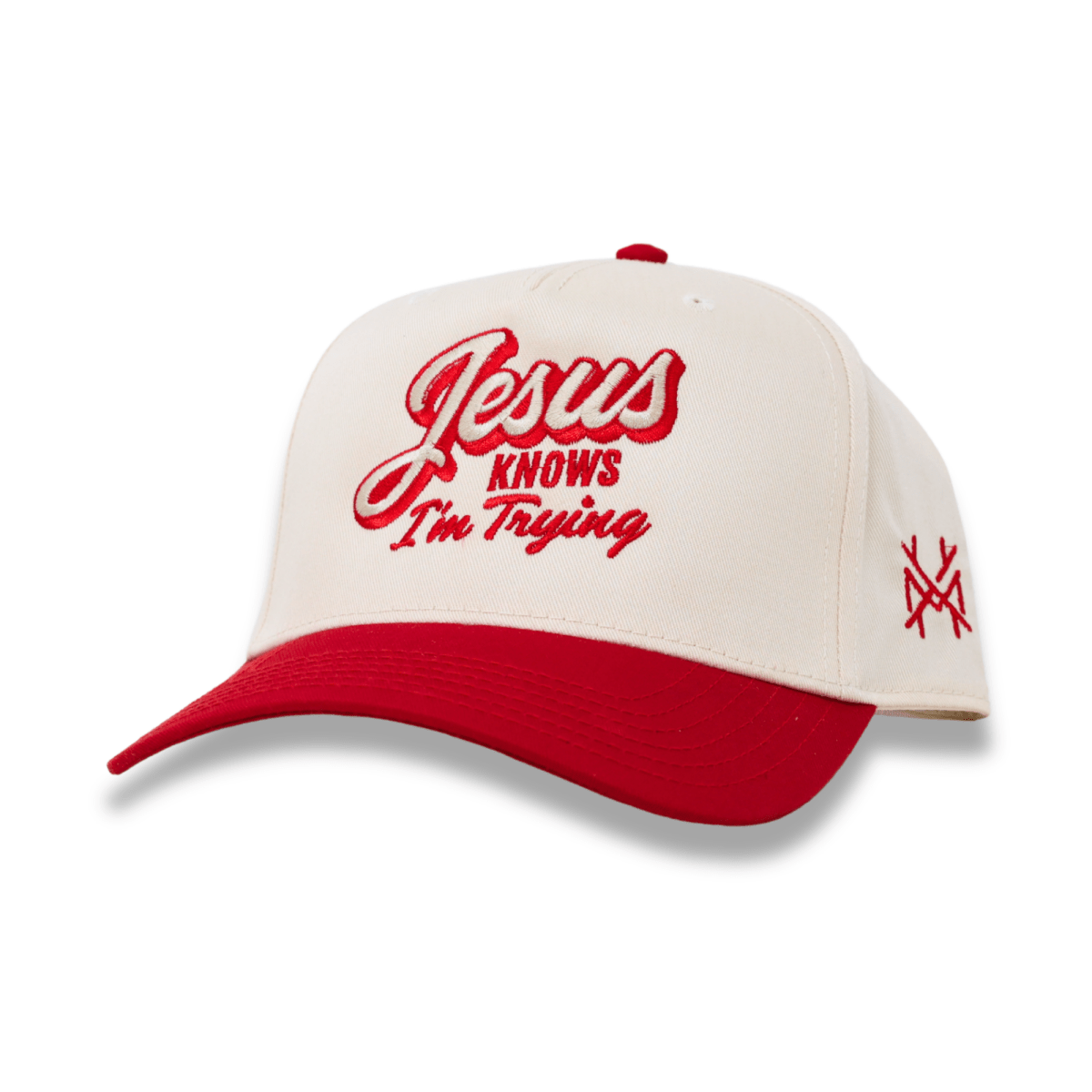 The Mad Hatter Co - Jesus Knows I'm Trying Trucker Hat: Retro Denim Blue/Natural