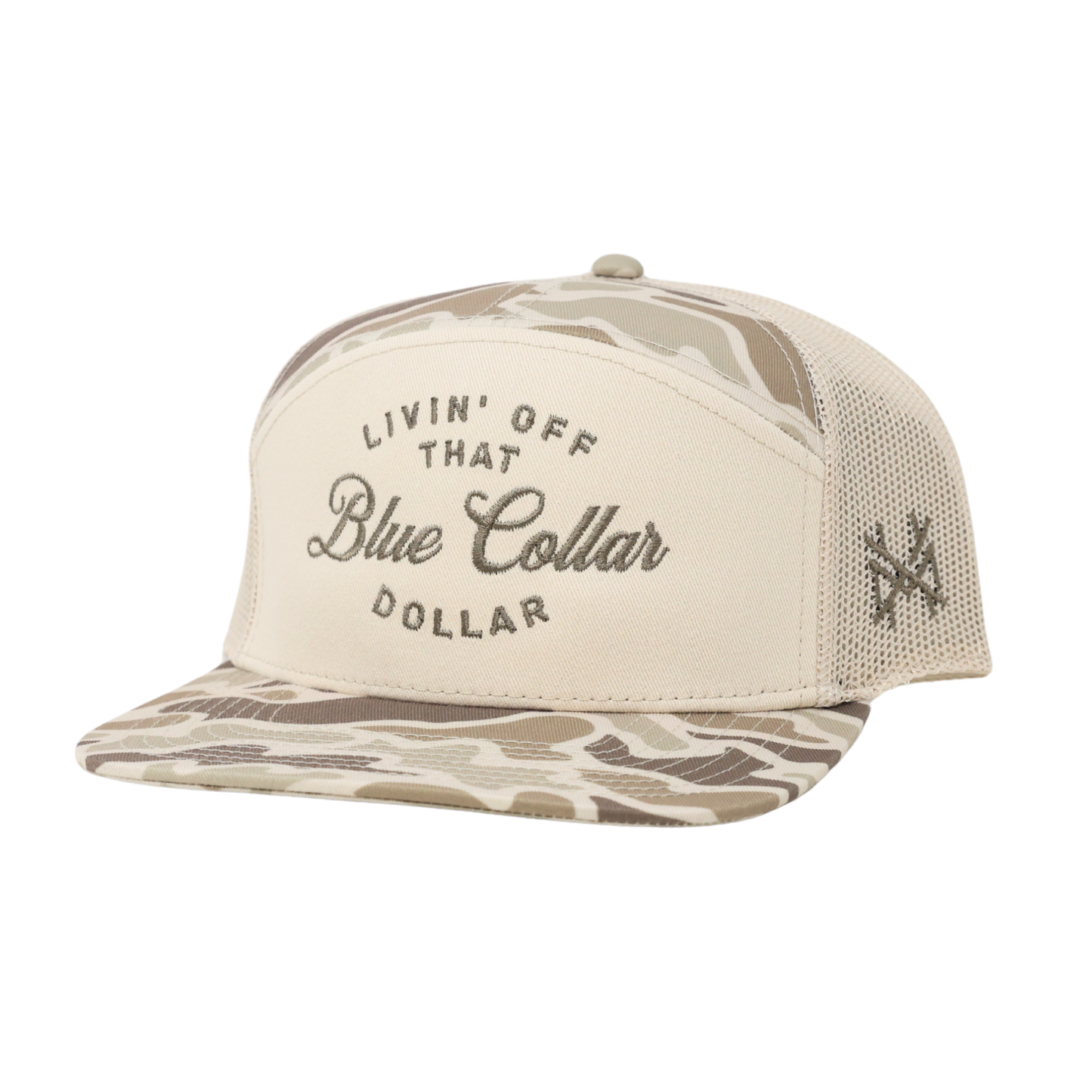 The Mad Hatter Co - Blue Collar Dollar Trucker Hat: Retro Mossy Oak Breakup Country/Black